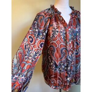 M Paisley Print Ruffle Neck Long Sleeve Blouse Top Shirt medium boho whimsi Y2K